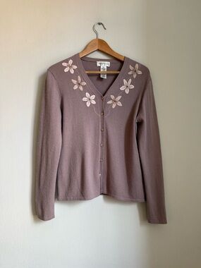 Rena Rowan Angora Blend Cardigan Size S Sweater Pink Mauve Floral Embroidered